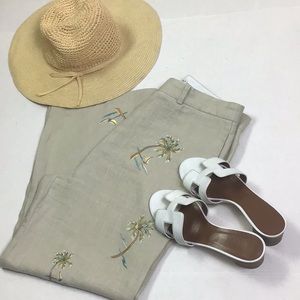 Classic High Waist Embroidered Linen Crop Pant SZ8